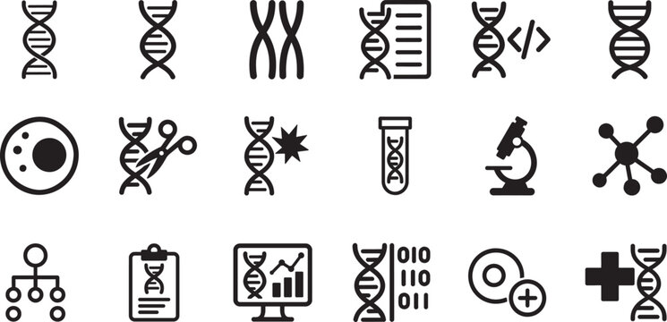 Genetics icon set in clean vector style. DNA, gene, biology symbols for science, medical, research use.