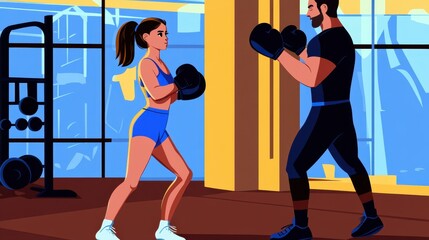 A woman and a man boxing in a gym