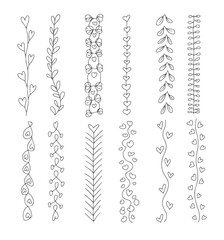 Minimalist leaf branch dividers with heart, doodle line art