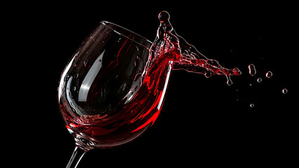 Red wine splashing out of a tilted wine glass against a black background