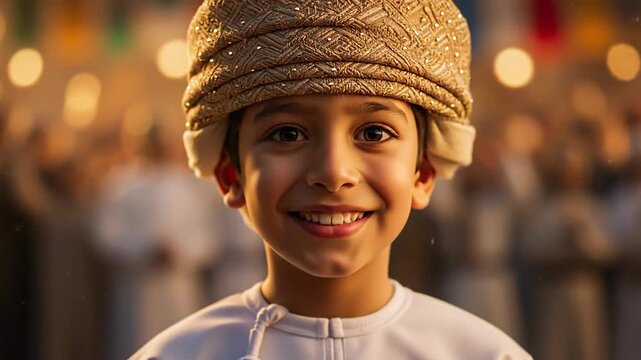 Close-up portrait of a smiling young boy in traditional Omani attire, celebration and culture, Middle Eastern ethnicity. 