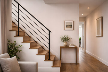 Bright modern interior with open staircase Zoom background