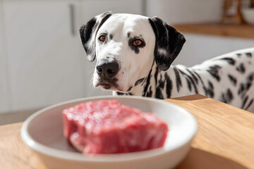 Dalmatian Dog Staring at Raw Meat