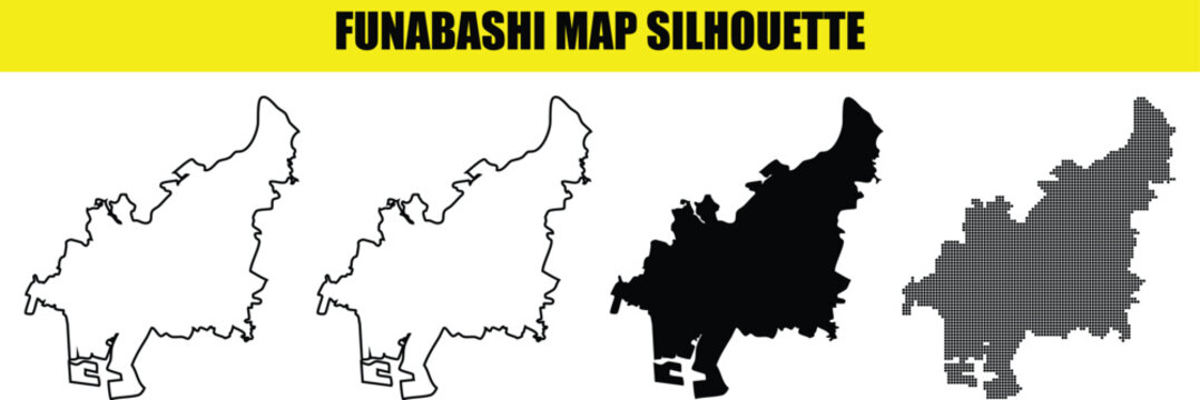 Funabashi city map silhouette collection including solid black outline dashed border and dotted halftone pattern design
