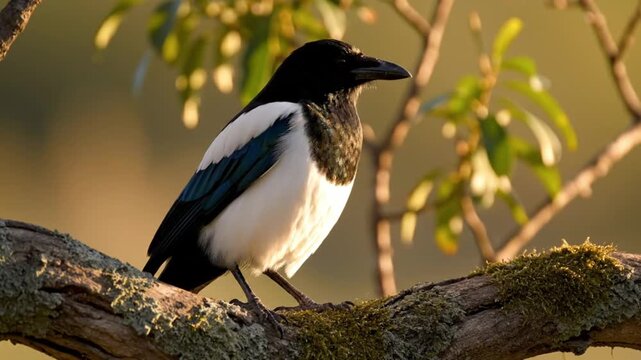 A striking black and white bird, with distinct plumage details including a glossy sheen and subtle hints of iridescent blue on its wings, is captured in a captivating close-up. The bird is perched ele