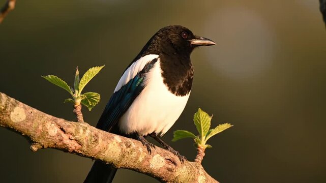A striking pied bird with glossy black and pristine white plumage, featuring stunning iridescent blue and green highlights on its wing feathers, is captured in a close-up, static shot. The elegant avi