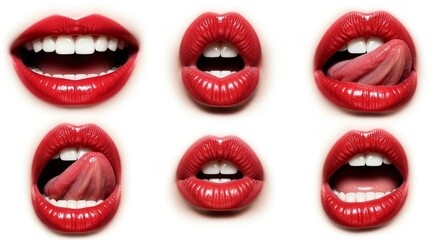 Obraz premium Six red lips with various expressions, open mouths, and tongues, glossy texture, isolated on white