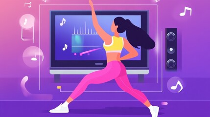 Woman exercising with fitness app on TV