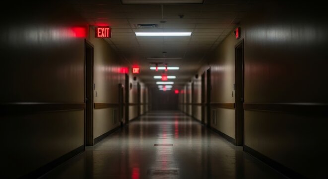 Dimly Lit Hospital Corridor with Emergency Exit Signs at Night