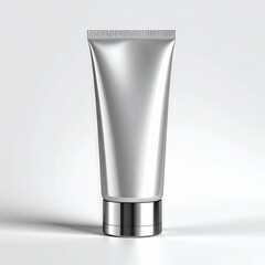 Silver Squeeze Tube Cosmetic Container with Metallic Cap and Subtle Shadows Against a Clean White Studio Background