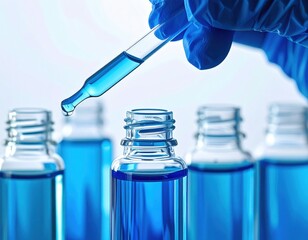 Blue Liquid Dropper Science Experiment in Laboratory with Glass Bottles and Blue Gloves