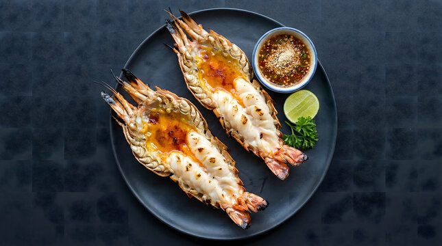 Grilled Thai giant river prawns with creamy roe and spicy seafood sauce on a dark platter