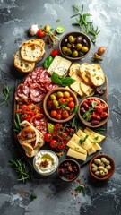 Gourmet Charcuterie Board with Cured Meats Cheeses Olives and Fresh Bread Presented on a Rustic Wooden Platter with Herbs and Dark Textured Background Overhead View