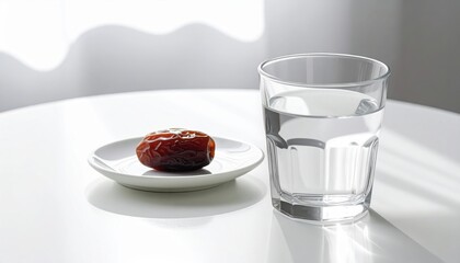 Single Ripe Date Fruit on a Small White Plate Beside a Tall Glass of Clear Water on a Bright White Table with Sunlight Patterns on the Background