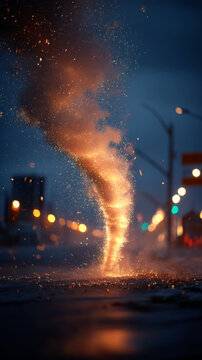 Intense microburst captured in urban street at dusk - atmospheric phenomena for weather design