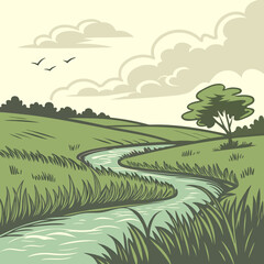 Fototapeta premium Small River Flowing through Lush Green Grassland Landscape