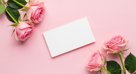 Pink roses and white card on pink background, creating elegant and romantic flat lay. Representative of love, care, or Valentine's Day. Free space for text.