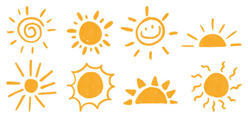 Hand-drawn yellow sun doodles with playful marker strokes and various cute sun icons on transparent background © Helena.K