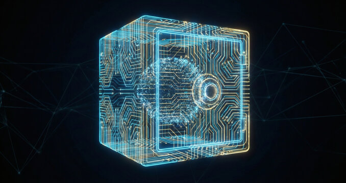 Transparent digital safe box glowing blue neon circuit lines protecting data