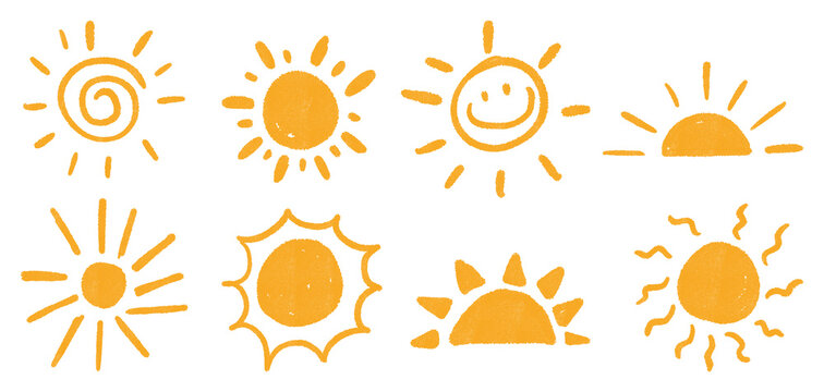 Hand-drawn yellow sun doodles with playful marker strokes and various cute sun icons on transparent background