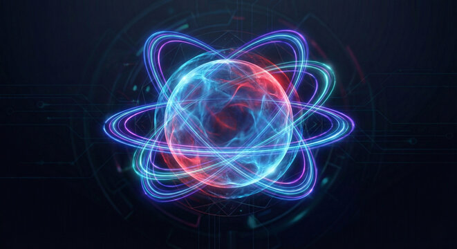 Futuristic quantum computing qubit icon glowing sphere with orbiting rings