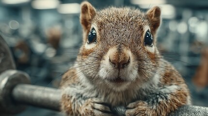 Obraz premium Close-up of Squirrel Holding Nut in Gym with Weights animal rodent