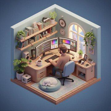 Isometric illustration of a designer working at a cozy home office with a sleeping cat copy space