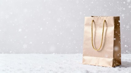 Christmas Paper Gift Bag. A paper gift bag with gold handles placed on a clean white surface.