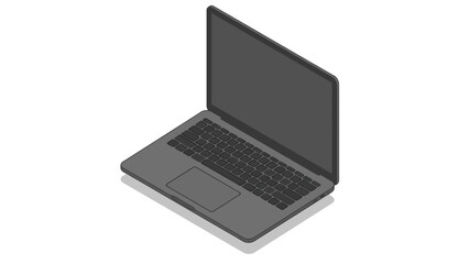 Fototapeta premium Isometric illustration of a modern dark grey laptop computer with a blank screen and visible keyboard and trackpad.