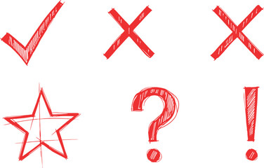 A set of five red hand drawn symbols on a white background