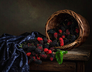 Still life arrangement of ripe black and red mulberries spilling from a rustic woven basket onto a dark blue velvet