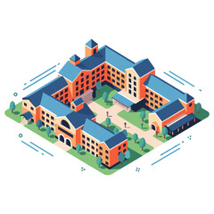 Obraz premium Isometric illustration of a university campus with red brick buildings and blue roofs