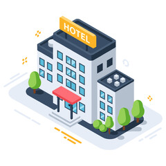 Obraz premium Isometric hotel building with trees and sign on white background