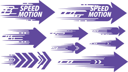 Collection of purple motion speed arrows with text and graphics © MSTNAZIA