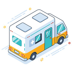 Fototapeta premium Isometric yellow and white ambulance cartoon style. No editable stroke