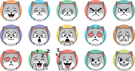 Fototapeta premium Collection of 15 emotive cartoon dog faces with diverse expressions and colorful hair