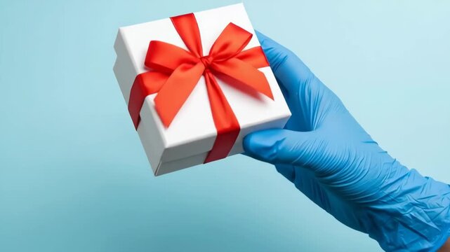 Hand in blue glove holding a gift box tied with a red ribbon