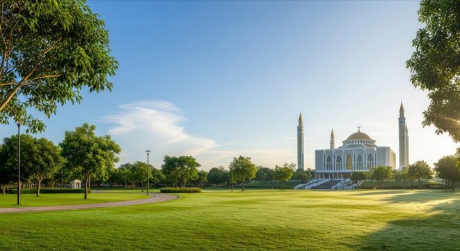 Lush green park with large architectural structure under clear blue sky