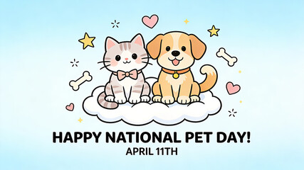 Obraz premium Cartoon cats and dogs with love elements design, representing the concept of life companionship scenes advocated by National Pet Day, pet companionship, and emotional healing. 