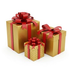 Obraz premium Three gold wrapped presents with red ribbons and bows