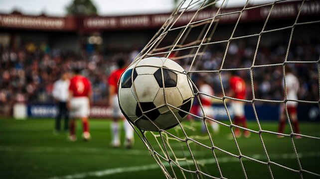 Football goal moment with soccer ball hitting net in stadium match
