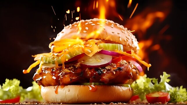 Caramelized onion and truffle burger with rich melted cheese stringing between bun halves, golden toasted layers and black pepper steam in mid-air, studio black backdrop, full frame,