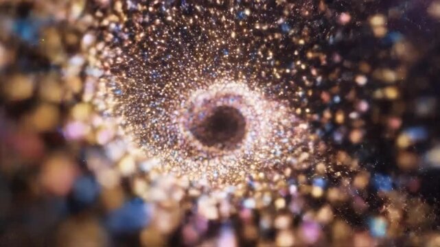 A swirling vortex of shimmering particles explodes into a cosmic nebula
