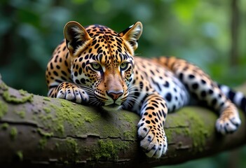 Obraz premium Majestic leopard resting on mossy tree trunk in natural forest environment. Wildlife photography concept for nature conservation, animal documentaries, travel branding, editorial use, packaging, blogs