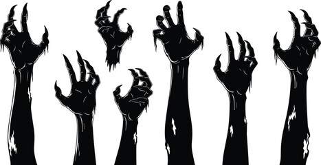 Fototapeta premium WebComprehensive Halloween Silhouette Mega Collection Featuring Walking Zombies, Skeletons, Spooky Ghosts, Scarecrow, Graveyard Scenes, Haunted Bare Trees, and Creepy Reaching Monster Hands 