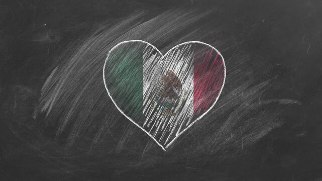 National flag of Mexico in heart shape  drawn with colored chalk on a blackboard.