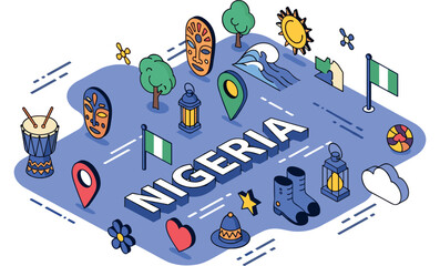 Obraz premium Nigeria culture symbols: mask, drum, lantern, location icon, and nature elements