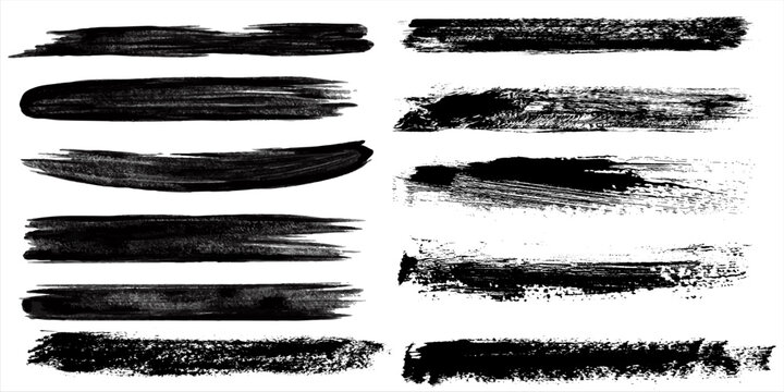 Grunge brush strokes, lines, ink smudges, hand-drawn scribble shapes. Handmade sketchy marks, acrylic stains, charcoal streaks. Paint textures, dry brush effect. Marker underline. Vector illustration
