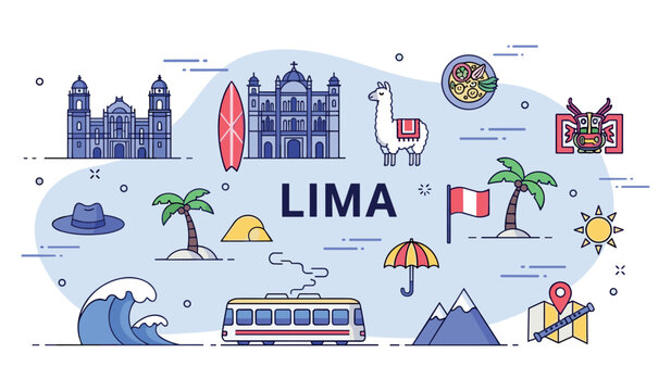 Lima landmarks: cathedral, llama, surfboard, and local cuisine icons