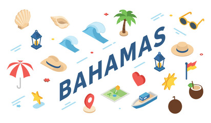 Colorful bahamas icons featuring palm tree, waves, umbrella, and coconut